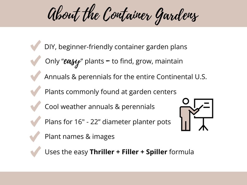 May include: Image with text: "About the Container Gardens." Includes DIY container garden plans, easy plants, annuals and perennials, and plans for 16"-22" diameter planter pots. Also includes plant names and images.