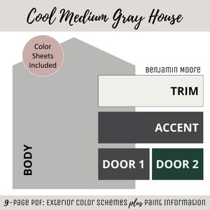 Esquema de colores de pintura para exteriores de casas Selección de pintura de Benjamin Moore Paleta de colores Diseño de exteriores de casas Consulta de colores Ideas de pintura Gris frío