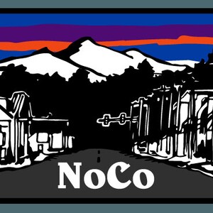 May include: Black and white illustration of a small town with a mountain range in the background. The town has a church steeple, houses, and a road leading to the mountains. The text "NoCo" is written in white letters on the road.