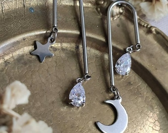 Moon and star silver earrings with zircon stainless steel