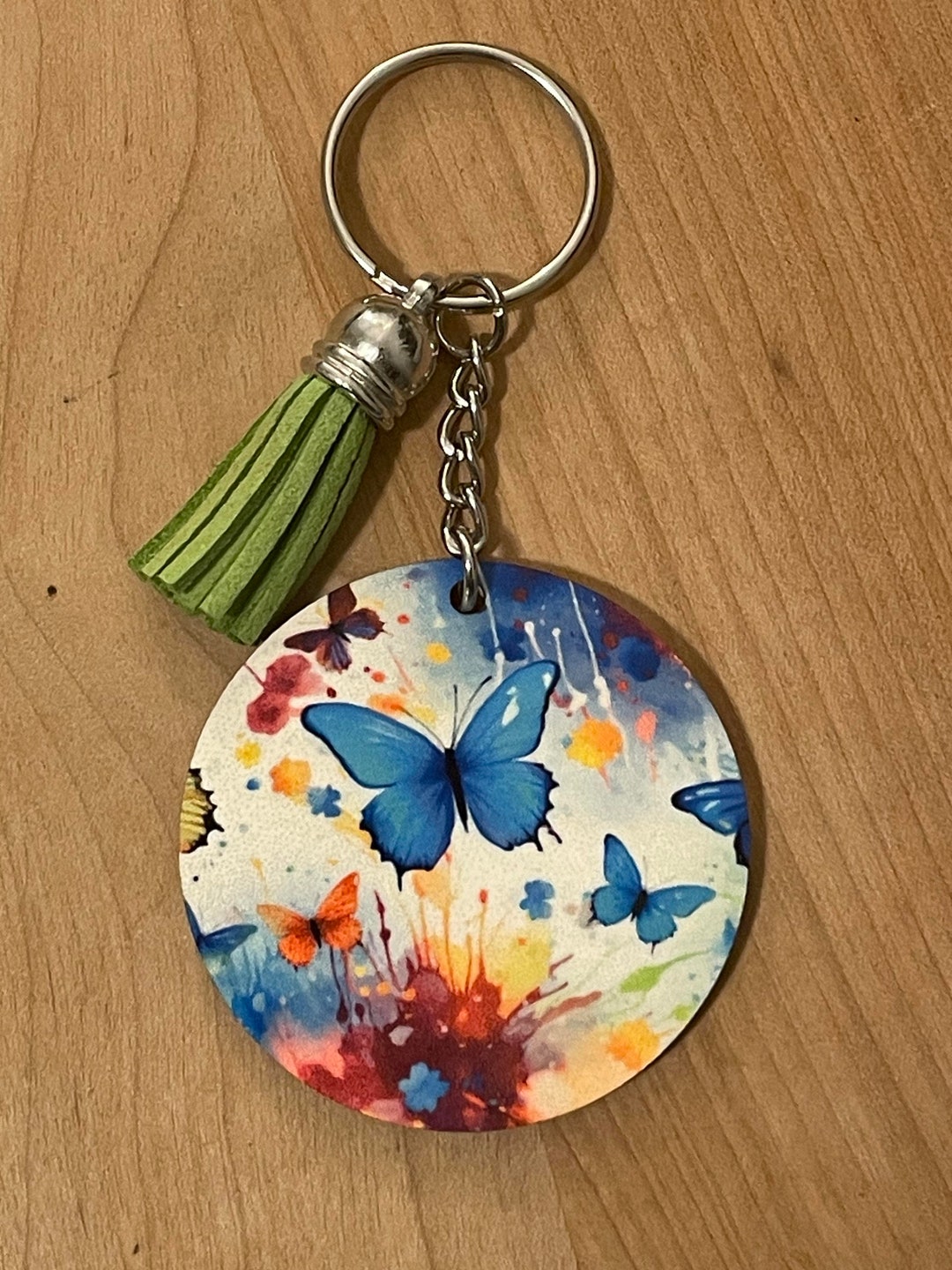 2 Round Watercolor Butterfly Keychain With Tassle, Gift Ideas, Rainbow