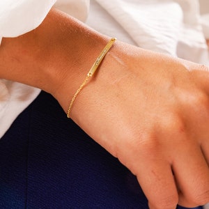 Personalized Gold Bar Bracelet, 14k Solid Gold Custom Name, Engraved Bracelet, Initial Nameplate, Monogram Bracelet, Valentine's Day Gift