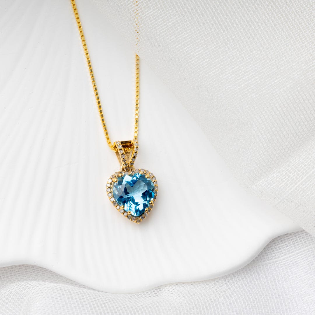 Royal Swiss Natural Blue Topaz Genuine Diamond Necklace •birthstone ...
