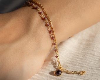 Dainty Double Chain Natural Garnet Bracelet • January Birthstone Capricorn & Aquarius Jewelry • Gemstone Bracelet •Gift for Her, Mum, Lovers