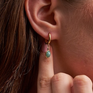 Natural Emerald Hoop Earring • Mini drop charm Hoop • May Taurus Sagittarius, Aquarians & Pisceans Drop Earrings
