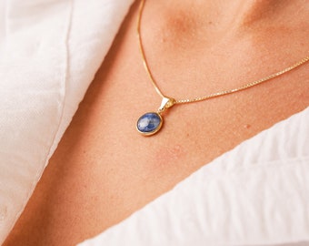 Natural Blue Kyanite Necklace • Genuine Round Cut Kyanite Aries, Taurus & Libra Box / Cube Chain Necklace • September, February Birthstone