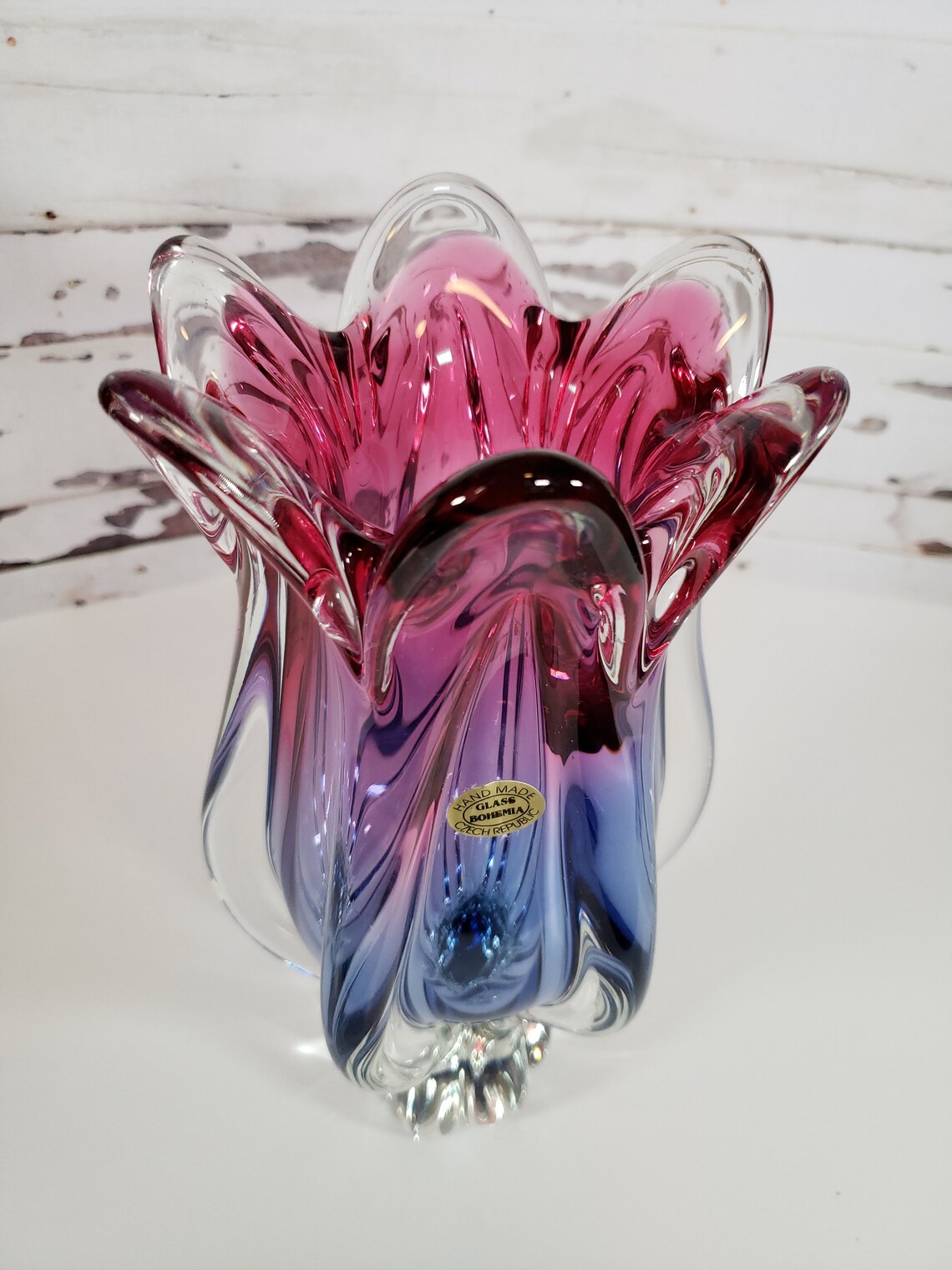 Bohemian Art Glass/hand Blown Glass/pink & Blue Czech Republic Vase Etsy