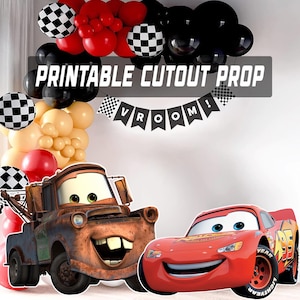 May include: A party decoration set with a "Printable Cutout Prop" banner, balloons in red, black, and beige, and cutout figures of Mater and Lightning McQueen from the film Cars. Checkered flag balloons add a racing theme.