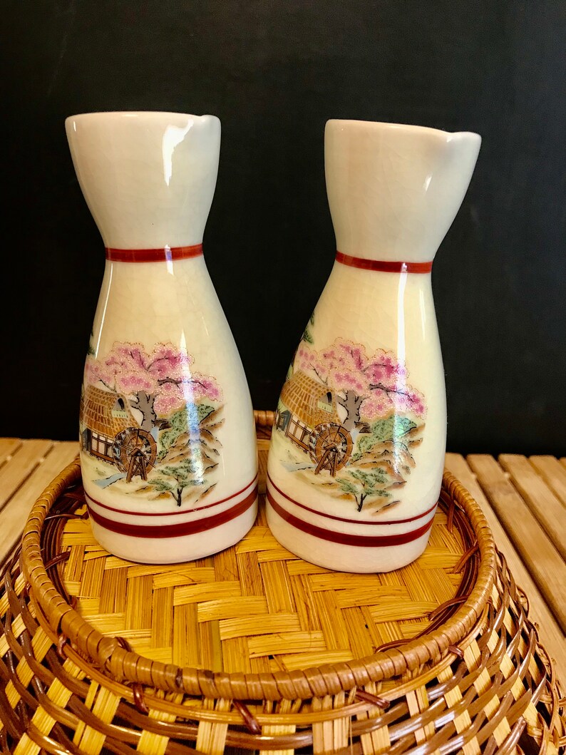 Set of 2 Vintage Painted Saki Decanters Japan Etsy