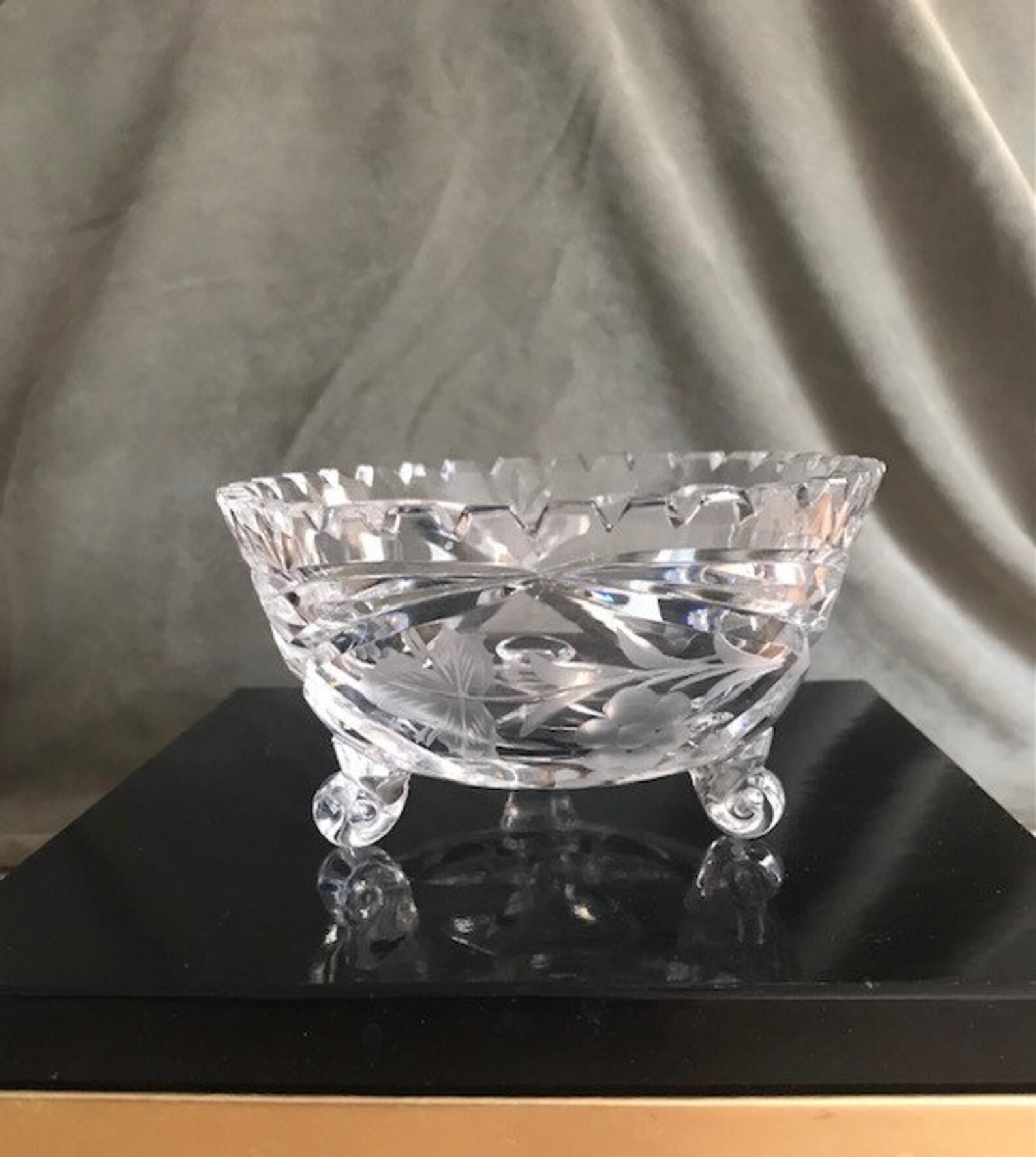 Beautiful Vintage Lead Crystal Candy Dish Etched Grape Leaves Etsy