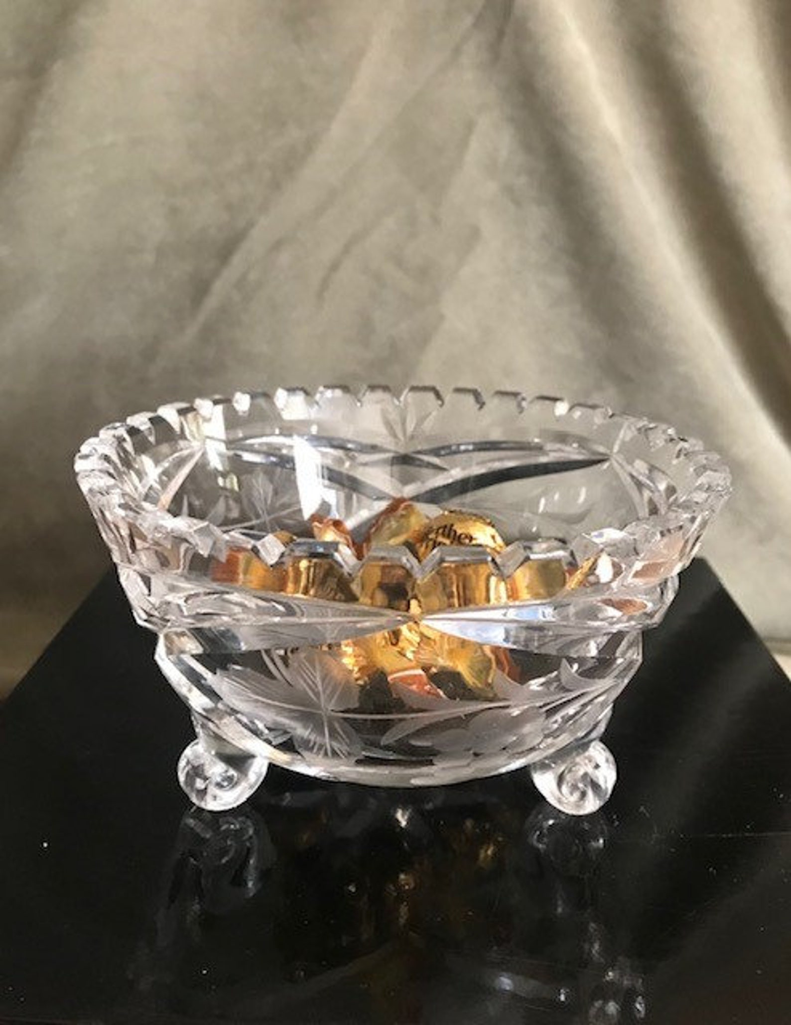 Beautiful Vintage Lead Crystal Candy Dish Etched Grape Leaves Etsy