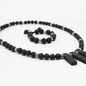 Black Lava Necklace & Bracelet | Genuine | Tribal Silver Spacers | Beaded | Natural | Unique  | Meditation | Healing Stone | Bohemian