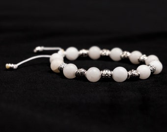 8mm White Quartz Genuine, Silver Spacers Beaded Bracelet | Adjustable | Unique | Natural | Meditation Crystal | Healing Stone | Bohemian
