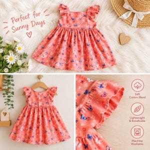 May include: A coral-colored sleeveless dress featuring a repeating pattern of small blue and white butterflies and flowers. The dress has ruffled sleeves and a gathered skirt. The back view shows three white buttons. Text includes Perfect for Sunny Days.