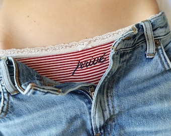 Embroidered “Privé” Red Ticking Stripe Lace Undies
