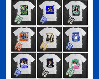 May include: Nine white t-shirt templates with different graduation designs. Each shirt features a photo of a graduate, text, and a graduation cap. The text on the shirts includes "Class of 2024", "Senior", and "Graduate". The shirts are displayed on a woodgrain background with a pair of sneakers below each shirt. All templates are editable in Canva.