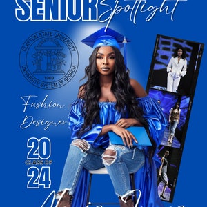 May include: A woman wearing a blue graduation gown and jeans poses for a photo. She is holding a blue book. The photo is for a Clayton State University senior spotlight. The text "Fashion Designer" and "Class of 2024" are also included in the image.