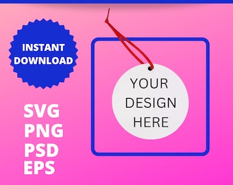 May include: A white round ornament template with the text "YOUR DESIGN HERE" on it. The ornament is hanging from a red string and is inside a blue square frame. The background is pink.