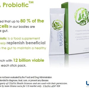 May include: A white box with green accents and the text "USANA Probiotic" on it. The box contains a single-serving packet of USANA Probiotic, a food supplement designed to help replenish beneficial bacteria in the gut. The text on the box states that it contains 12 billion viable bacteria per serving. The image also includes text stating that up to 80% of the immune cells in our bodies are located in the gut.