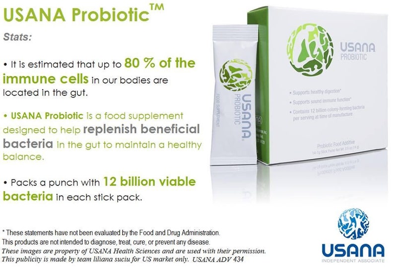 May include: A white box with green accents and the text "USANA Probiotic" on it. The box contains a single-serving packet of USANA Probiotic, a food supplement designed to help replenish beneficial bacteria in the gut. The text on the box states that it contains 12 billion viable bacteria per serving. The image also includes text stating that up to 80% of the immune cells in our bodies are located in the gut.