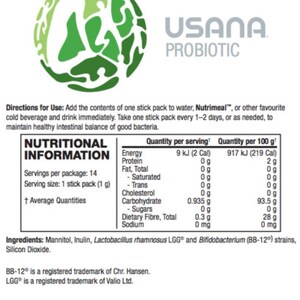 May include: A white label with green text that reads "USANA PROBIOTIC". The label also includes a nutritional information table with details about the product's ingredients, serving size, and nutritional content per serving. The label also includes directions for use and storage instructions.
