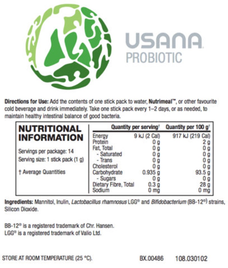 May include: A white label with green text that reads "USANA PROBIOTIC". The label also includes a nutritional information table with details about the product's ingredients, serving size, and nutritional content per serving. The label also includes directions for use and storage instructions.