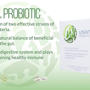 May include: A white box with the text "USANA PROBIOTIC" and a green and white logo. The box is next to a white packet with the text "USANA PROBIOTIC" and a green and white logo. The text "A combination of two effective strains of probiotic bacteria. Promotes a natural balance of beneficial microflora in the gut. Supports the digestive system and plays a role in sustaining healthy immune function." is on the left side of the image.