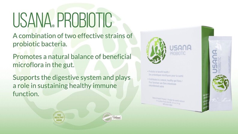 May include: A white box with the text "USANA PROBIOTIC" and a green and white logo. The box is next to a white packet with the text "USANA PROBIOTIC" and a green and white logo. The text "A combination of two effective strains of probiotic bacteria. Promotes a natural balance of beneficial microflora in the gut. Supports the digestive system and plays a role in sustaining healthy immune function." is on the left side of the image.