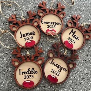 Personalized Christmas Reindeer Ornament, Engraved Ornament, Custom Kids Ornament, Kids Christmas Gift Idea