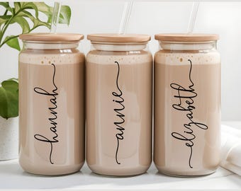 Custom Name Frosted Can Glass with Lid and Straw, Bachelorette 16oz Glass Cup