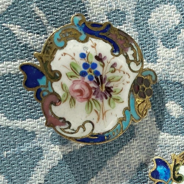 One Antique Enamel French ca. 1875 1 1/8 Inch Button Champleve Rococo Shape Pink Rose Polychrome Emaux Peints Waistcoat More Available Gift