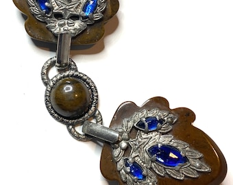 Antique  Bakelite Leaf Cloak Belt Sweater Clasp w Sapphire Blue Glass & White Metal OME  Focals