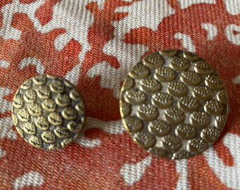 Antique French Brass Buttons: 19th C Paris Fungi Design, Matching Pair
