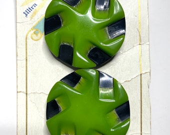 Pair 1920- 30s Art Deco Large  BAKELITE Coat BUTTONS Chunky Carved Laminated Lime Green and Licorice Black Wheel & Spoke on Ultra Kraft Card