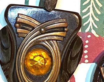 Fantastic Antique 3 Piece Chocolate Bakelite Cloak and Button Set Fish Glowing Orange Lucite & Brass Focals  NBS Large