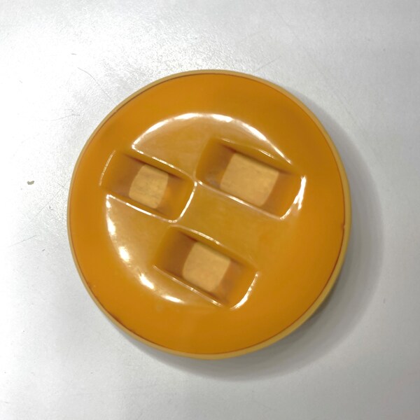 Large Deeply Carved Art Deco BAKELITE Round BUTTERSCOTCH  Button Laminated onto Celluloid Base