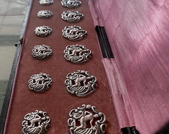 Boxed Set 12 Sterling Silver Goddess Fortuna Art  Nouveau  Antique Buttons  L&S British Birmingham 1902 Hallmarks Gift for Collector