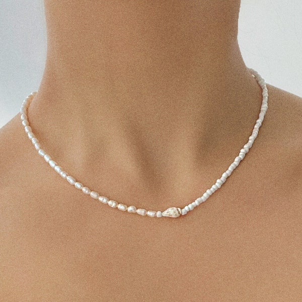 Seashell necklace or choker with small freshwater pearls and matte white seed beads - silver plated, sterling silver, or gold filled clasp