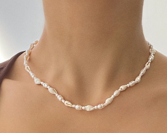 Seashell and freshwater pearl necklace or choker with white seed beads and silver plated, sterling silver, or gold filled clasp