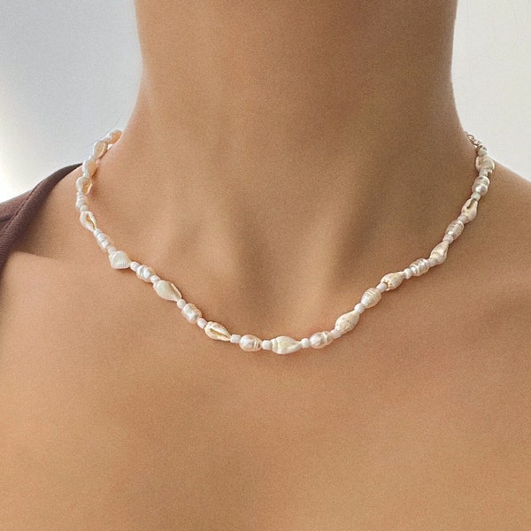 Seashell and freshwater pearl necklace or choker with white seed beads and silver plated, sterling silver, or gold filled clasp