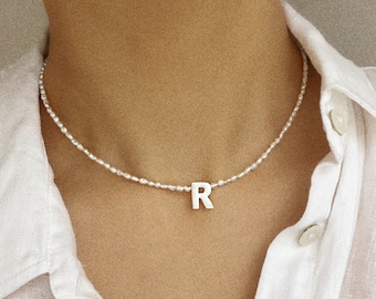 Small freshwater pearls necklace with single mother of pearl initial letter bead - silver plated, sterling silver, or gold filled clasp