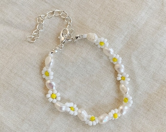 White and yellow daisy chain bracelet or anklet with baroque freshwater pearls - silver plated, sterling silver, gold filled clasp options