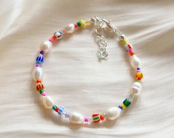 Freshwater pearl bracelet or anklet with mixed patterned glass beads - silver plated, sterling silver, or gold filled clasp