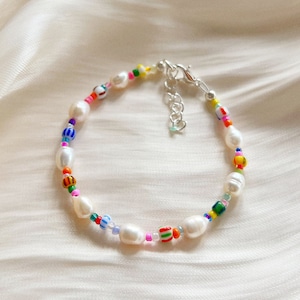 Freshwater pearl bracelet or anklet with mixed patterned glass beads silver plated, sterling silver, or gold filled clasp image 1