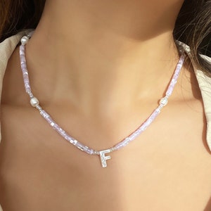 Custom initial bead necklace with mother of pearl shell letters and lilac beads - silver plated, sterling silver, gold filled