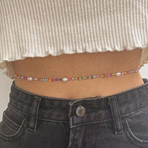 Adjustable belly chain with freshwater pearls and mixed glass beads colourful waist chain silver plated, sterling silver, gold filled image 5