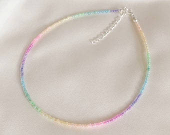 Pastel ombre necklace with iridescent seed beads in gradient pattern - silver plated, sterling silver, gold filled clasp and extension chain