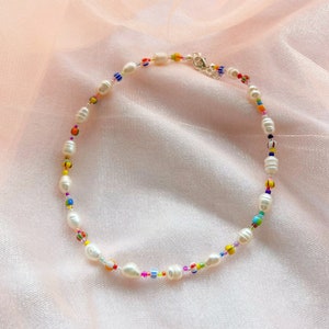 Freshwater pearl necklace with mixed patterned colourful glass beads and silver plated, sterling silver, or gold filled clasp image 7