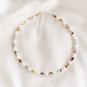 Freshwater pearl necklace with mixed patterned colourful glass beads and silver plated, sterling silver, or gold filled clasp image 4