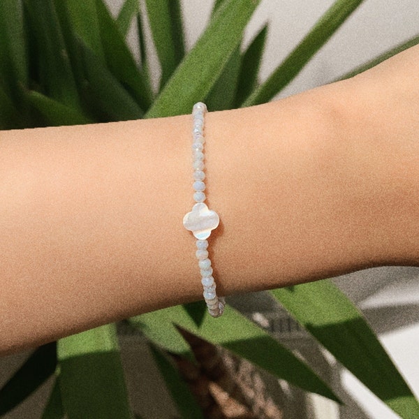 Four leaf clover bracelet or anklet with faceted shiny glass beads - 24 colour options - silver plated, sterling silver, gold filled clasp